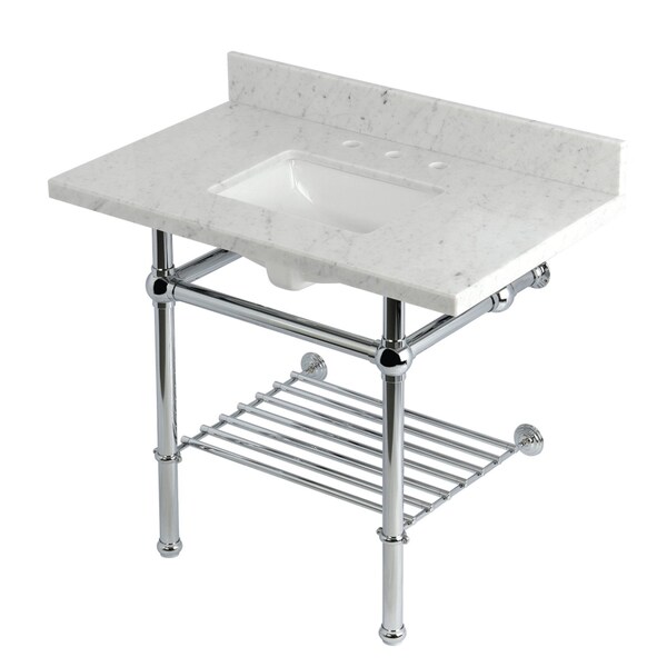 Kingston Brass 36-Inch Carrara Marble Console Sink with Brass Legs and Shelf, 8-Inch, 3-Hole KVPB3630MBSQB1 - main