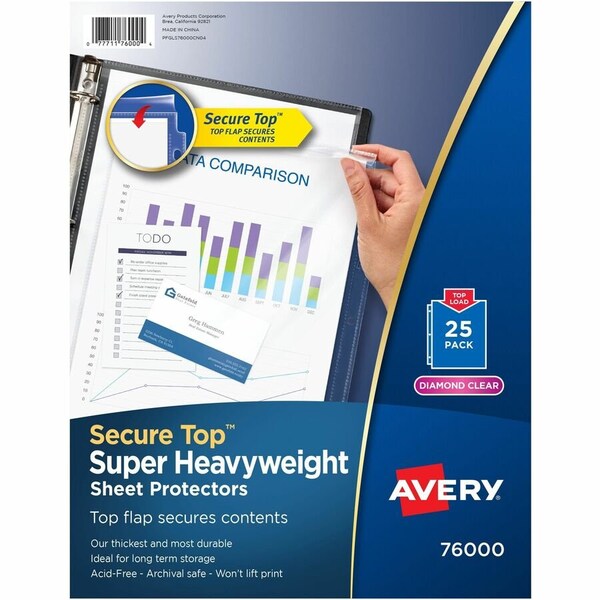 Avery Dennison Avery Secure Top Load Sheet Protector, 8-1/2inW x 11inH, Clear, 25/PK 76000 - main