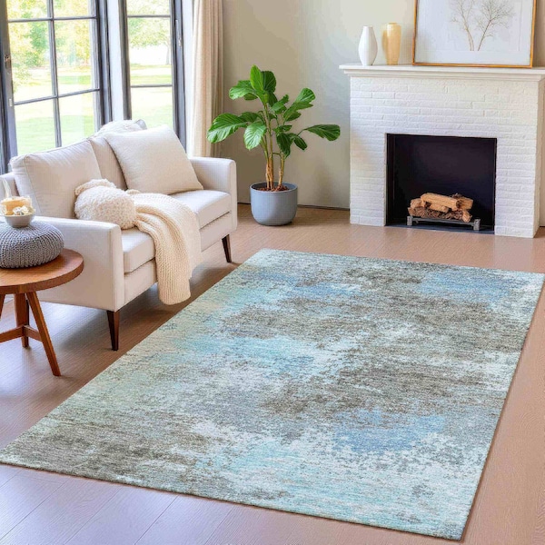 Homeroots 9' X 12' Taupe And Sky Blue Abstract Washable Indoor Outdoor Area Rug 630667 - main
