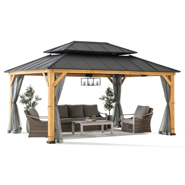 Sunjoy 12x16 ft. Wood Gazebo, Outdoor Patio Steel Hardtop Gazebo with 2-tier Metal Roof, Brown A102032660 - main