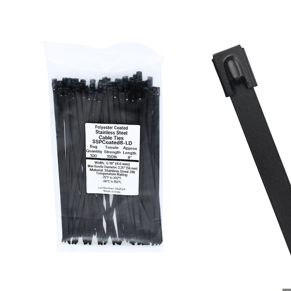 Cable Ties Unlimited Cable Tie, 7.9 in L, 150 lb Strength, 2 in Max Bundle Dia, Coated 316 Stainless Steel, Black, 100PK SSPCoated8-LD - main
