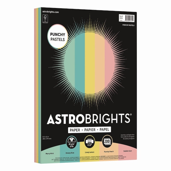 Astrobrights Color Paper - inPunchy Pastelsin Assortment, 24 lb Bond Weight, 8.5 x 11, Assorted, 200PK 91741 - main