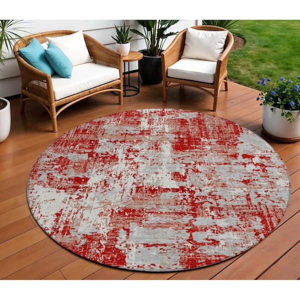 Homeroots 8' Red Gray And Ivory Round Abstract Washable Indoor Outdoor Area Rug 597994 - main