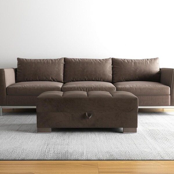 Homeroots 52" Brown Tufted Chenille And Faux Leather Storage Ottoman 608902 - main