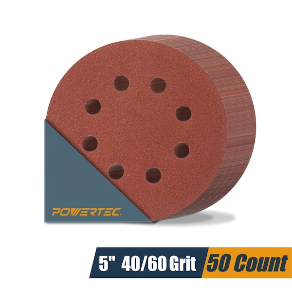 Powertec 5 in. 8 Hole Hook and Loop Sanding Discs Assortment, Aluminum Oxide, 40/60 Grit, 50PK 45052N - main