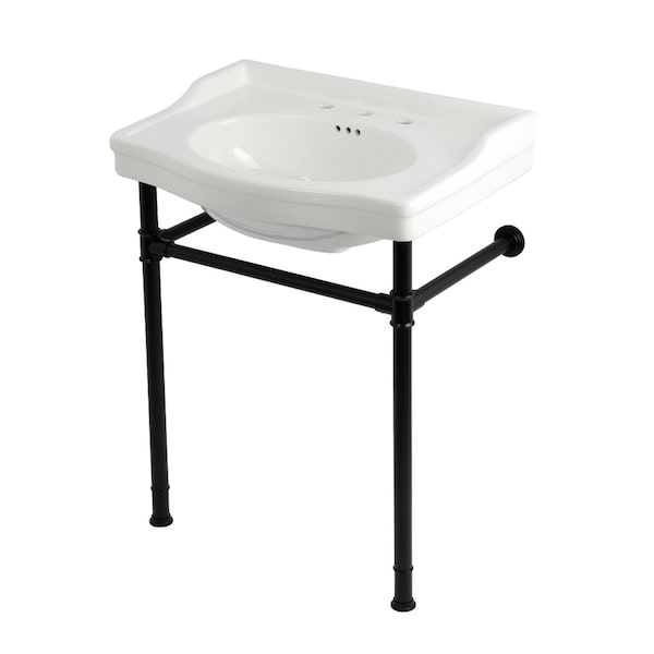 Kingston Brass 30" Ceramic Console Sink with Stainless Steel Legs, 8-Inch, 3-Hole, White/Matte Black KVPB30229W380 - main