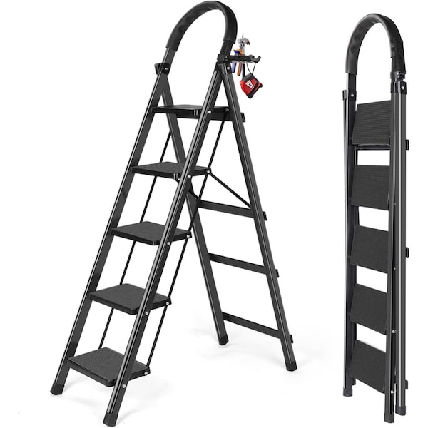 Wrightmaster 5-Step Iron Step Stool (9 ft. Reach), 330 lb. Load Capacity, with a Shelf and Anti-Slip Wide Pedals ZR-D5-BLACK - main