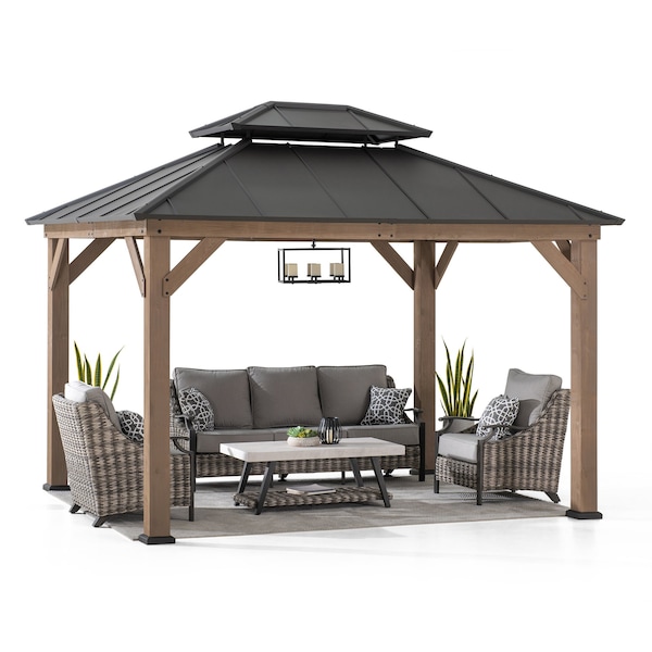 Sunjoy 10x12 ft. Wood Gazebo, Outdoor Patio Steel Hardtop Gazebo, Brown A102032600 - main