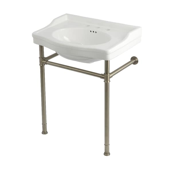 Kingston Brass 30" Ceramic Console Sink with Stainless Steel Legs, 8-Inch, 3-Hole, White/Brushed Nickel KVPB30229W388 - main