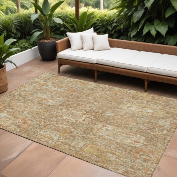Homeroots 9' X 12' Khaki And Brown Damask Washable Indoor Outdoor Area Rug 603741 - main
