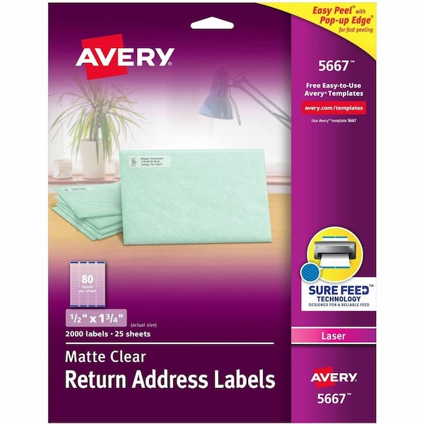 Avery Easy Peel Laser Mailing Labels, 1/2 x 1-3/4, Clear, 2000/Box 5667 - main