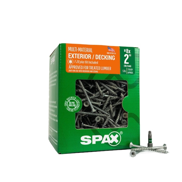 Spax #8 x 2 in Exterior Wood Deck Screws Construction Flat Head T-Star Plus 5 LB, 770PK 4191670400507 - main