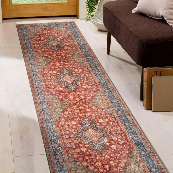 World Rug Gallery Red Vintage Medallion Rug, Washable, Low Pile, 2ft 6in x 6ft Runner WR171RED26X6 - main