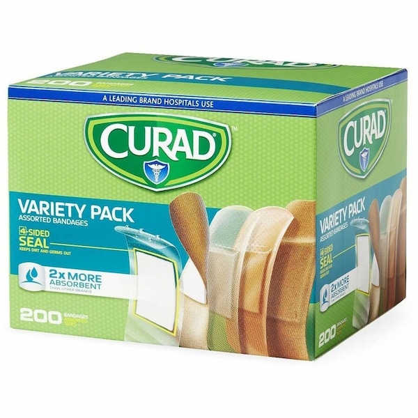 Curad Variety Pack 4sided Seal Bandages, Assorted, 200PK MIICUR0800RB - main