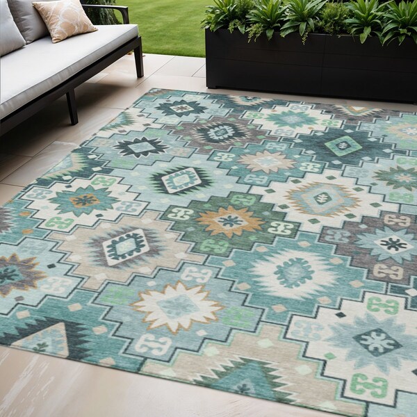 Homeroots 5' X 8' Teal Blue Beige And Ivory Southwestern Washable Indoor Outdoor Area Rug 632282 - main