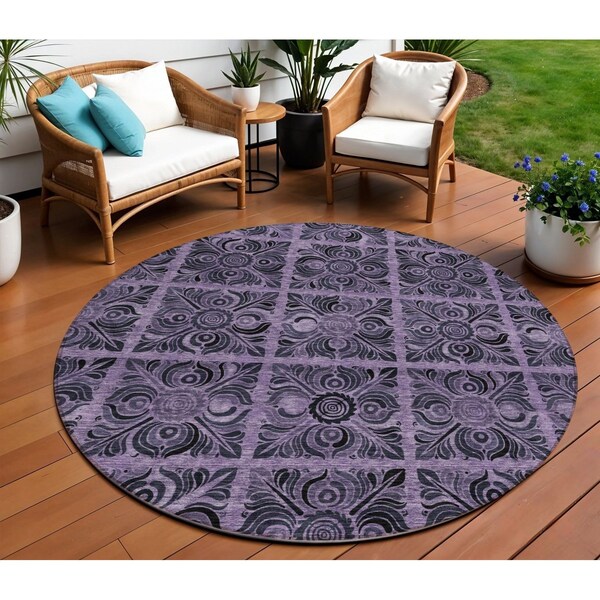 Homeroots 8' Purple Plum And Charcoal Round Medallion Washable Indoor Outdoor Area Rug 589310 - main