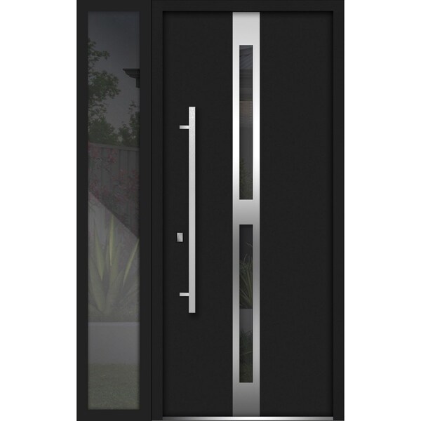 Vdomdoors Steel Door Deux 1755 Black Enamel Sidelight Exterior Window Stainless Inserts Single Modern Painted DEUX1755EXD-BLK-W36+16 x H80-Right-hand Inswing - main