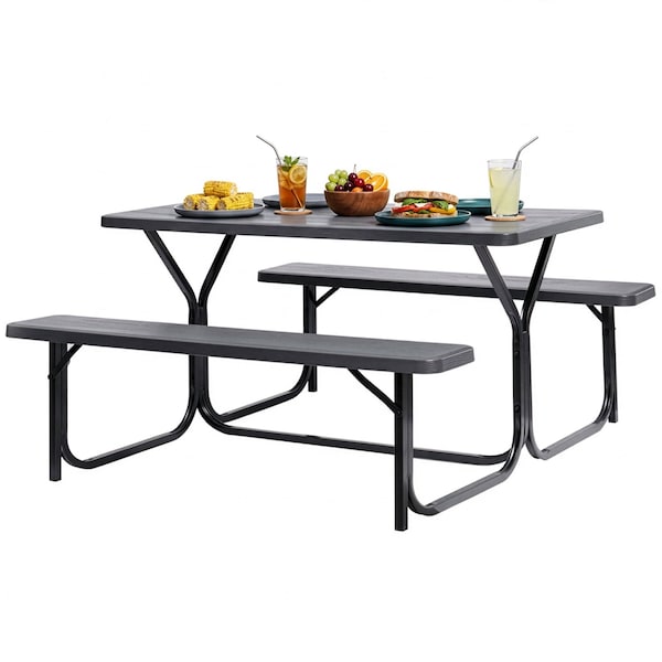 Gardenised Gray Outdoor Picnic Table Set with Benches, & Sturdy Metal Frame, Weather-Resistant, Seats 6 QI003911GY - main