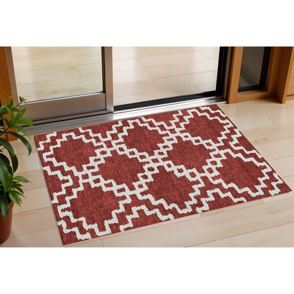 Homeroots 3' X 5' Brick Red And Ivory Geometric Washable Indoor Outdoor Area Rug 593738 - main
