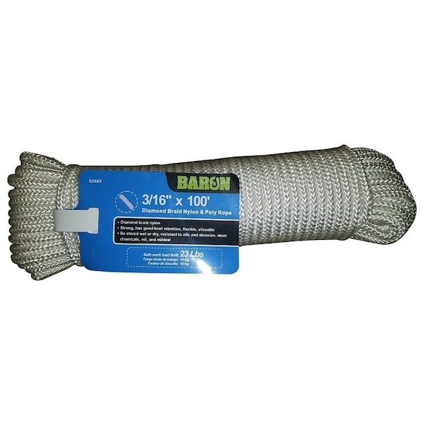 Baron Rope, 3/16 in Dia, 100 ft L, 70 lb Working Load, Nylon, White 62603 - main