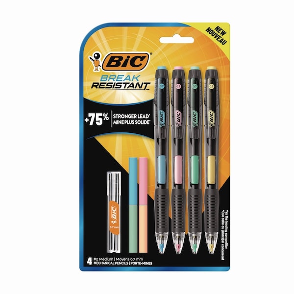 Bic Break-Resistant Mechanical Pencils with Erasers, 0.7 mm, HB (#2), Black Lead, Assorted Colors, 4PK MV7PRP4-BLK - main