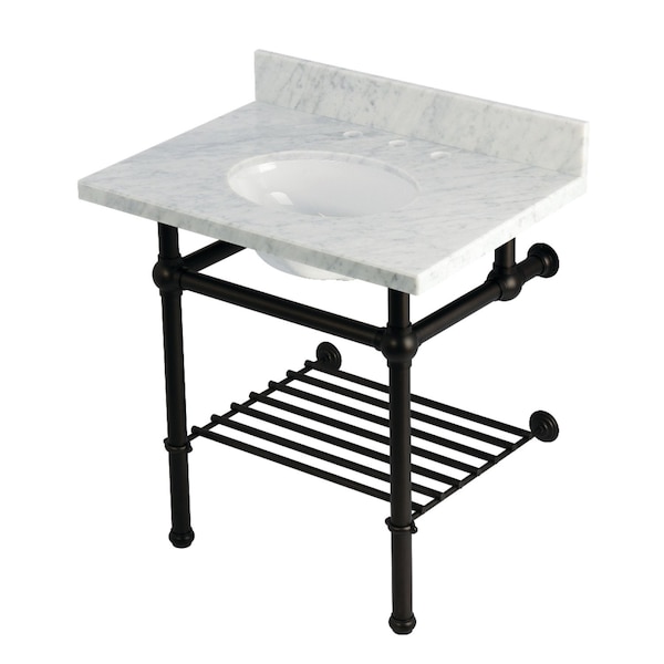 Kingston Brass 30-Inch Carrara Marble Console Sink with Brass Legs and Shelf, 8-Inch, 3-Hole KVPB3030MBB5 - main