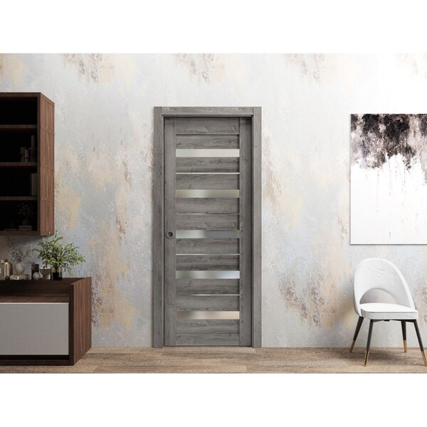 Sartodoors Sliding French Pocket Door 18 x 80in, Nebraska Grey W/ Frosted Glass, Kit Trims Rail Hardware QUADRO4445PD-NEB-18 - main