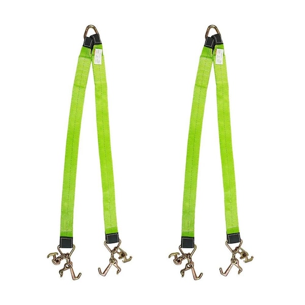 Mytee Products Tow Straps V Bridle 3 inx48 in w/ RTJ Clusters, Hi VIZ/ Green Webbing, 5400 lbs WLL, 2PK VStrap-0348RTJx2 - main