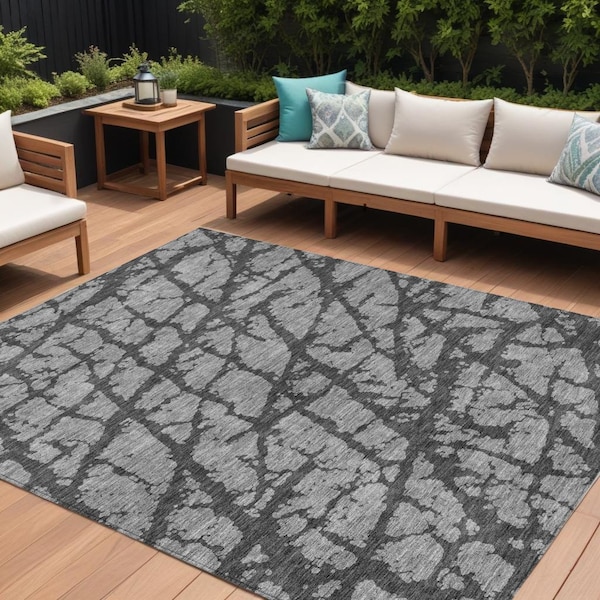 Homeroots 10' X 14' Gray And Charcoal Abstract Washable Indoor Outdoor Area Rug 614358 - main