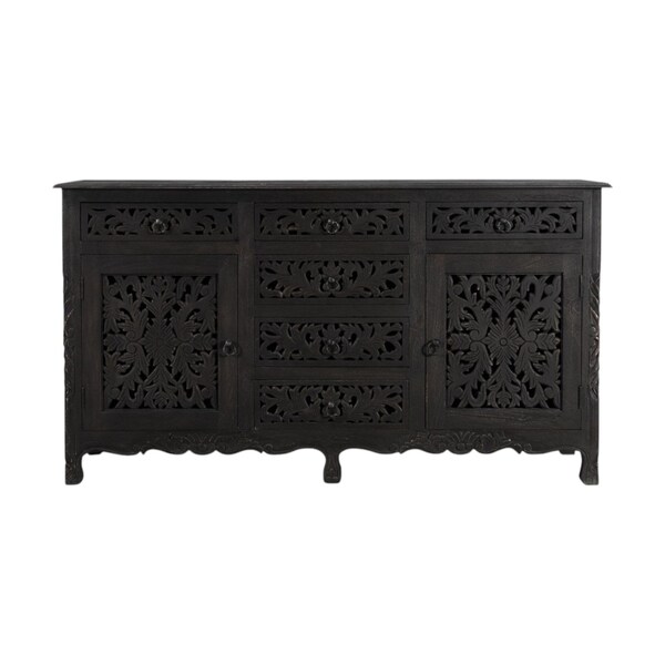 Homeroots 66in Black Distressed Solid Wood Carved Floral Six Drawer Sideboard With Two Doors 521378 - main