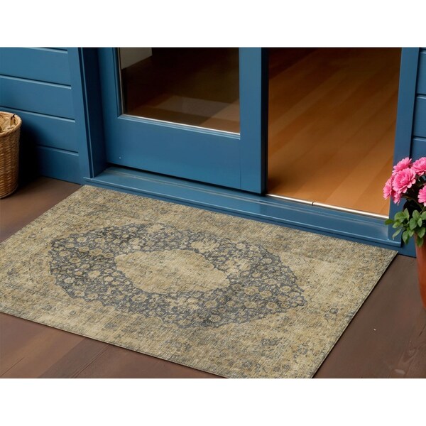 Homeroots 3' X 5' Charcoal And Beige Medallion Washable Indoor Outdoor Area Rug 616460 - main