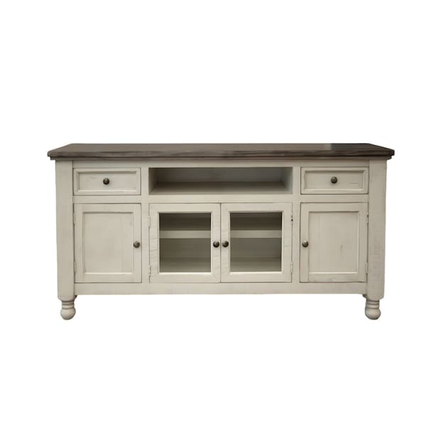 Homeroots 79" Ivory Solid Wood Open shelving Distressed TV Stand 528714 - main