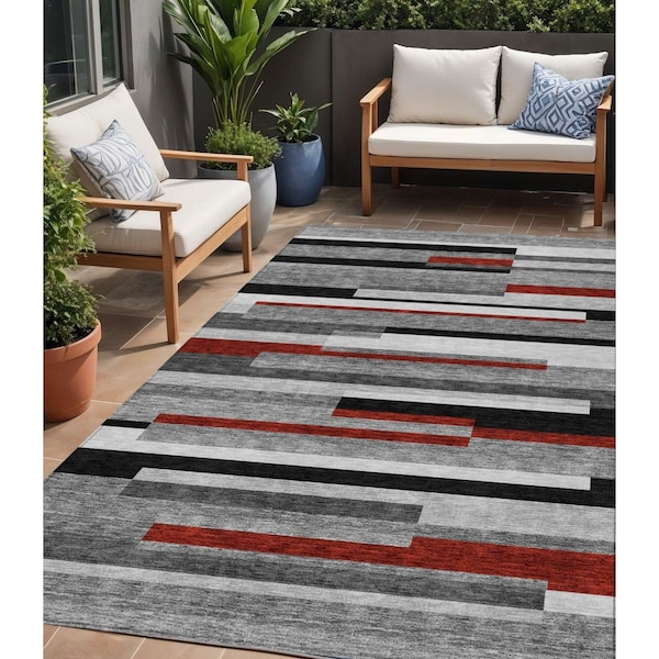 Homeroots 5' X 8' Gray Black And Red Striped Washable Indoor Outdoor Area Rug 613273 - main