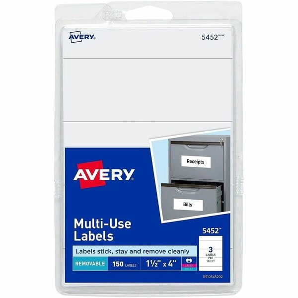 Avery Removable Multi-Use Labels, Inkjet/Laser Printers, 1.5 x 4, White, 150PK 05452 - main