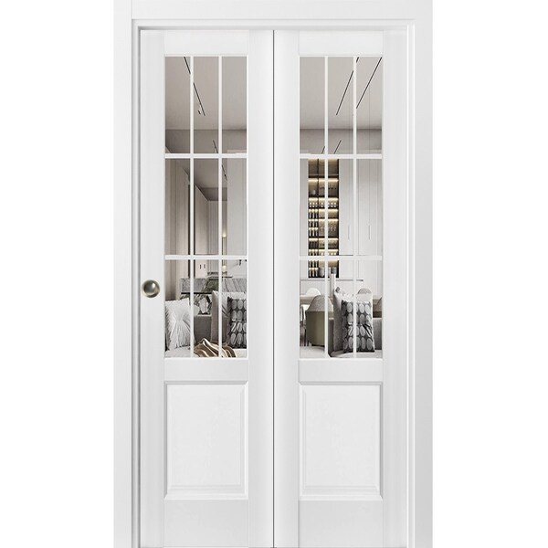 Sartodoors Sliding Closet Bi-fold Doors, Felicia 3599 White Silk with Clear Glass, Sturdy Tracks Moldings Tri FELICIA3599BF-BEM-64 x 96 (2* 32x96) - main