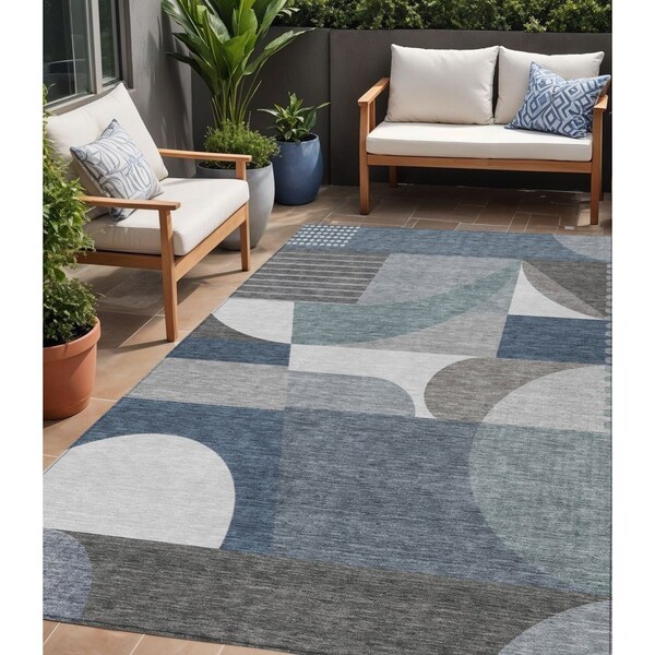Homeroots 5' X 8' Gray Blue And Ivory Geometric Washable Indoor Outdoor Area Rug 616725 - main