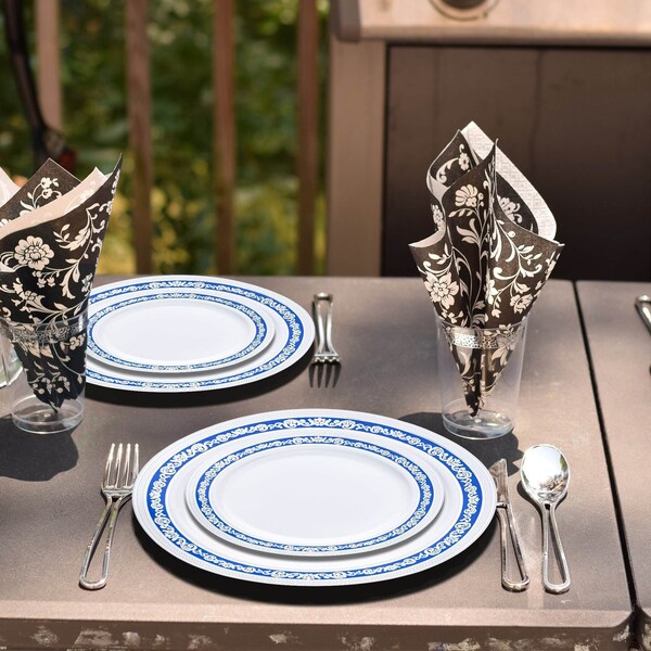 Smarty Had A Party White w/Blue and Silver Royal Rim Plastic Dinnerware Set (120 Dinner Plates+120 Salad Plates), 240PK 970BLSVP-CASE - main