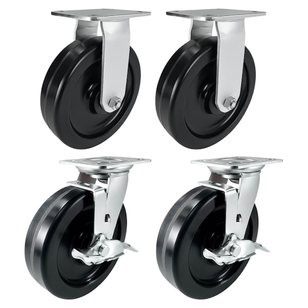 Hyw Products Heavy Duty Caster Set 8in Phenolic Wheels, 2 Rigid & 2 Swivel with Brake, 4PK 40-80R-A1-PH-2,40-80S-A1-PH-TB-2 - main
