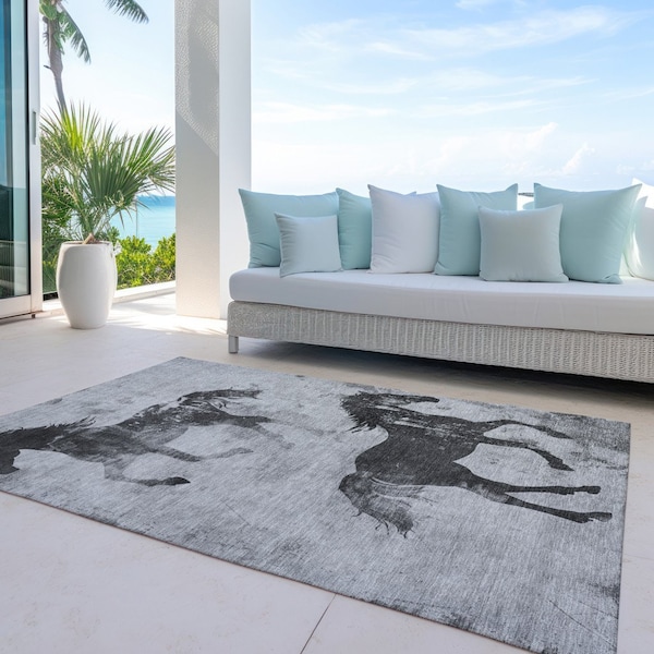 Homeroots 9' X 12' Gray And Charcoal Horse Washable Indoor Outdoor Area Rug 618659 - main