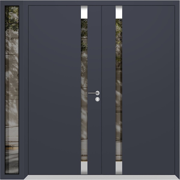 Vdomdoors Aluminum Double Doors Cynex 6777 Grey 1 Sidelight Mirrored Clear Glass Modern Painted 84x96 (W72+12 CYNEX6777DEXD-GRE-W72+12xH96-RH-O - main
