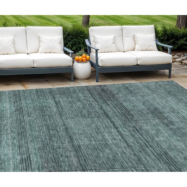 Homeroots 10' X 14' Teal Blue Aqua And Gray Striped Washable Indoor Outdoor Area Rug 588129 - main