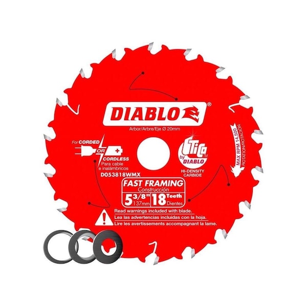 Diablo Saw Blade, 5-3/8 in Dia, 1/2 in, 5/8 in, 10 mm Arbor, 18-Teeth, Applicable Materials: Wood Red D053818WMX - main