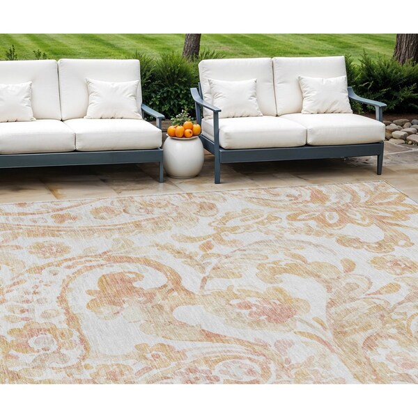 Homeroots 9' X 12' Coral Ivory And Peach Paisley Washable Indoor Outdoor Area Rug 588646 - main