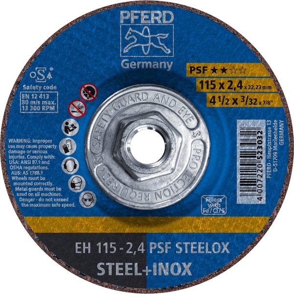 Pferd Cut-Off Wheel, Type 27, 4-1/2 in Dia, 3/32 in Thick, 5/8 in-11 Arbor Hole Size, Aluminum Oxide 63722 - main