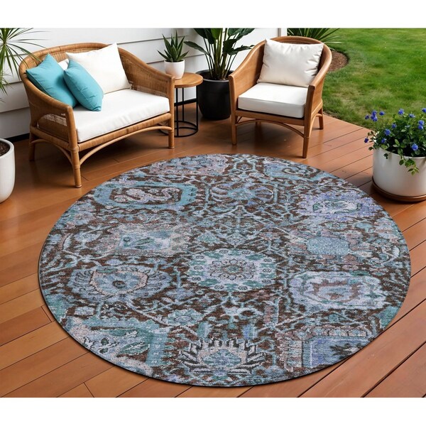 Homeroots 8' Chocolate And Aqua Round Damask Washable Indoor Outdoor Area Rug 603733 - main