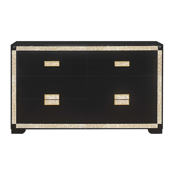 Homeroots 62" Black And Gold Faux Crystal Bling Wood Six Drawer Double Dresser 564668 - main