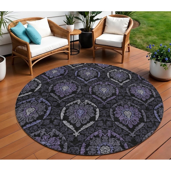 Homeroots 8' Purple Charcoal And Gray Round Medallion Washable Indoor Outdoor Area Rug 587718 - main