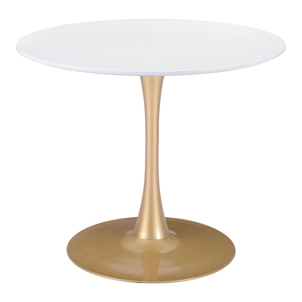 Homeroots 35" White and Gold Wood and Steel Pedestal Base Round Top Dining Table 602233 - main