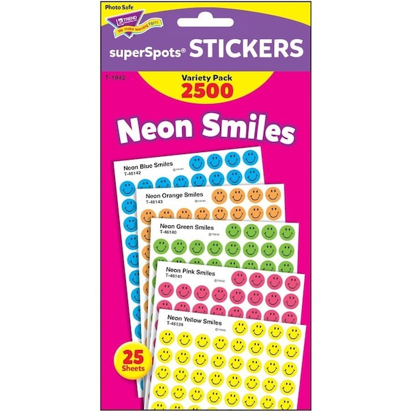 Trend Enterprises Neon Smiles superSpots® Stickers Variety Pack, 2500 Per Pack, PK3 T1942 - main