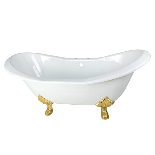 Kingston Brass 72" Cast Iron Oval Double Slipper Clawfoot Tub, 7" Faucet Drillings, White/Brushed Brass VCT7D7231NC7 - main